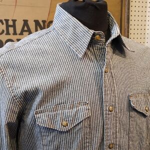 Wrangler Hickory Striped Pearl Snap Denim Shirt Size Medium